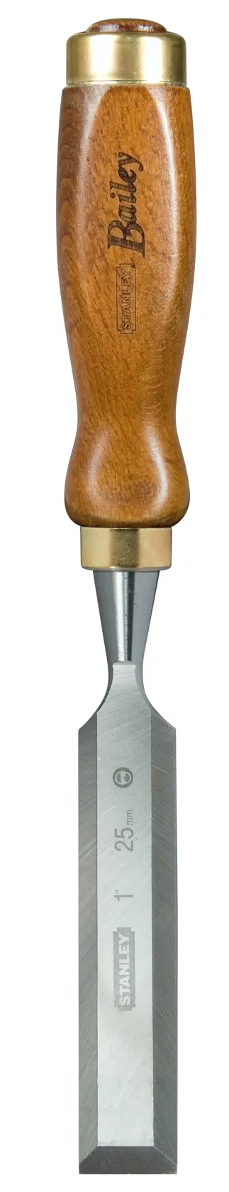 STANLEY Holzmeißel mit Holzgriff und scharfer Metallklinge, ideal für Holzarbeiten.