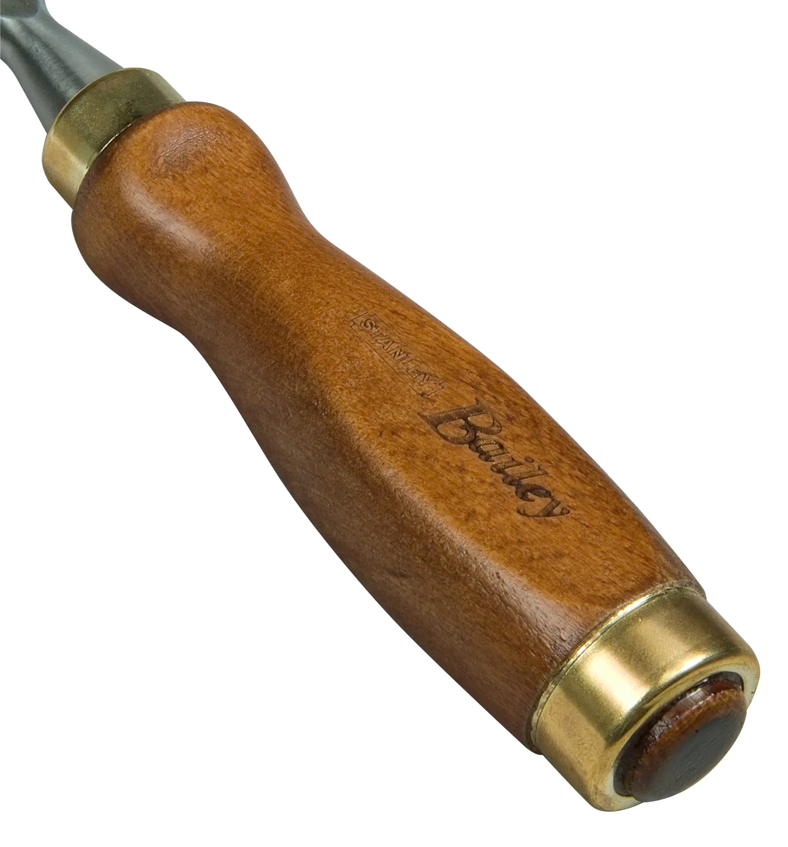 Nahaufnahme eines Stanley Bailey Holzgriffs mit Messingdetails, Teil eines Handwerkzeugs.