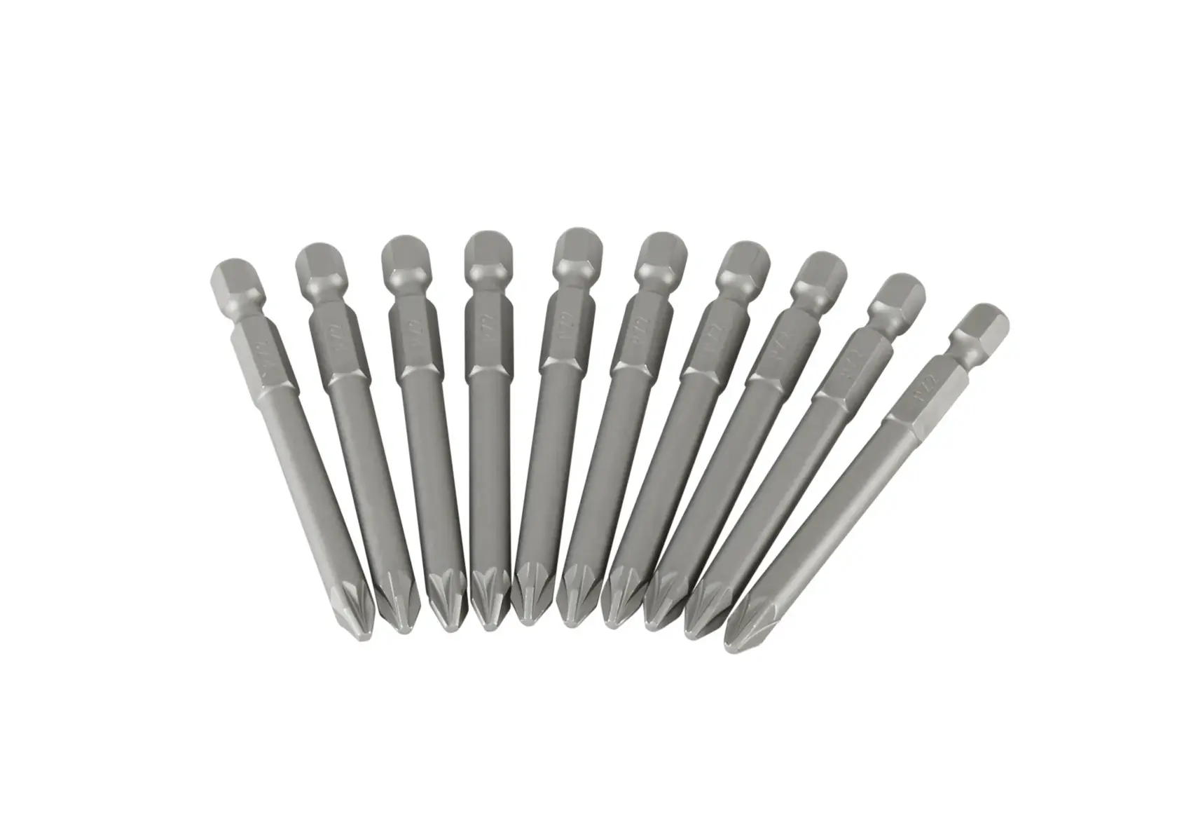 Set of ten Phillips screwdriver bits arranged in a row on a white background.