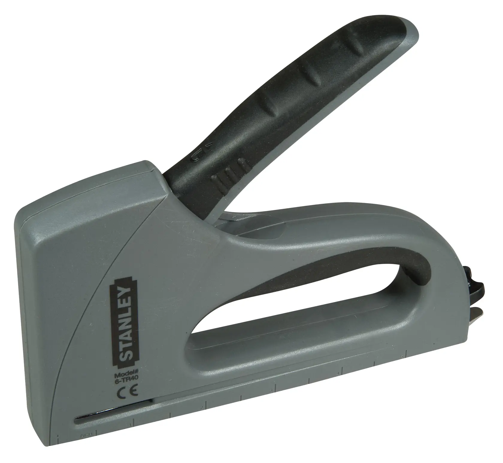 Photo of STANLEY 6-TR40 hand staple gun, grey and black, side view on white background, photography category.