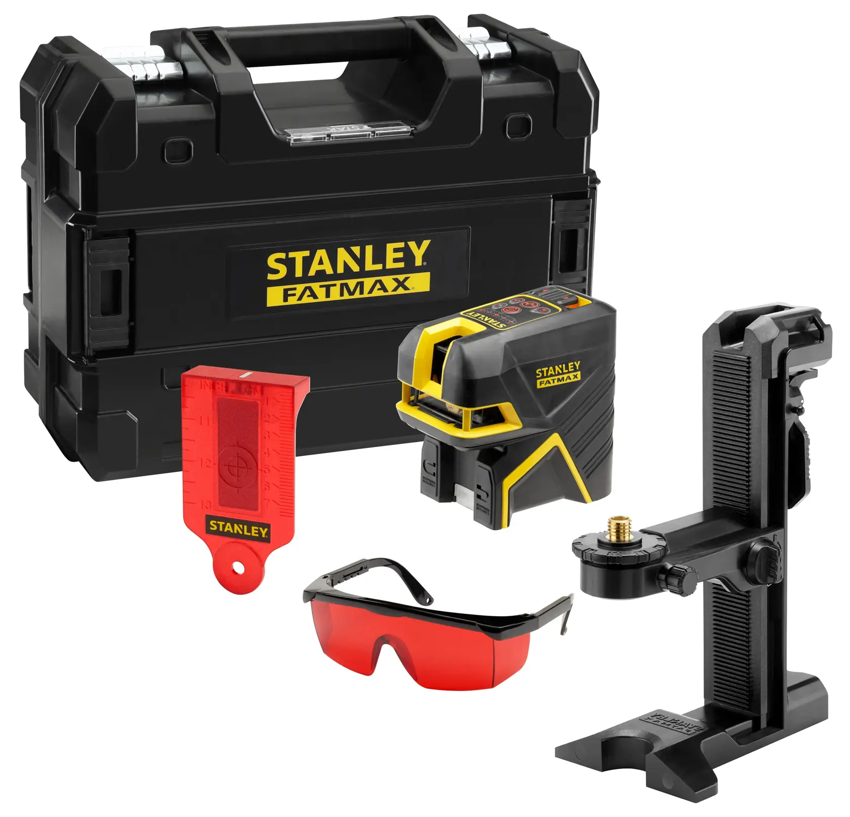 Stanley FATMAX laser level kit with case, bracket, red target, and safety glasses.