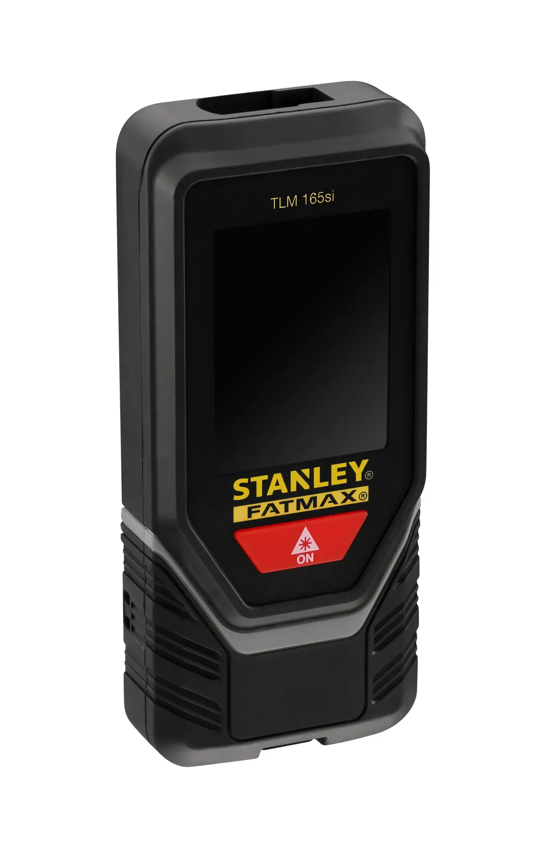 Photo of STANLEY STHT1-77142 laser distance measurer, black and yellow, angled front view on white background.