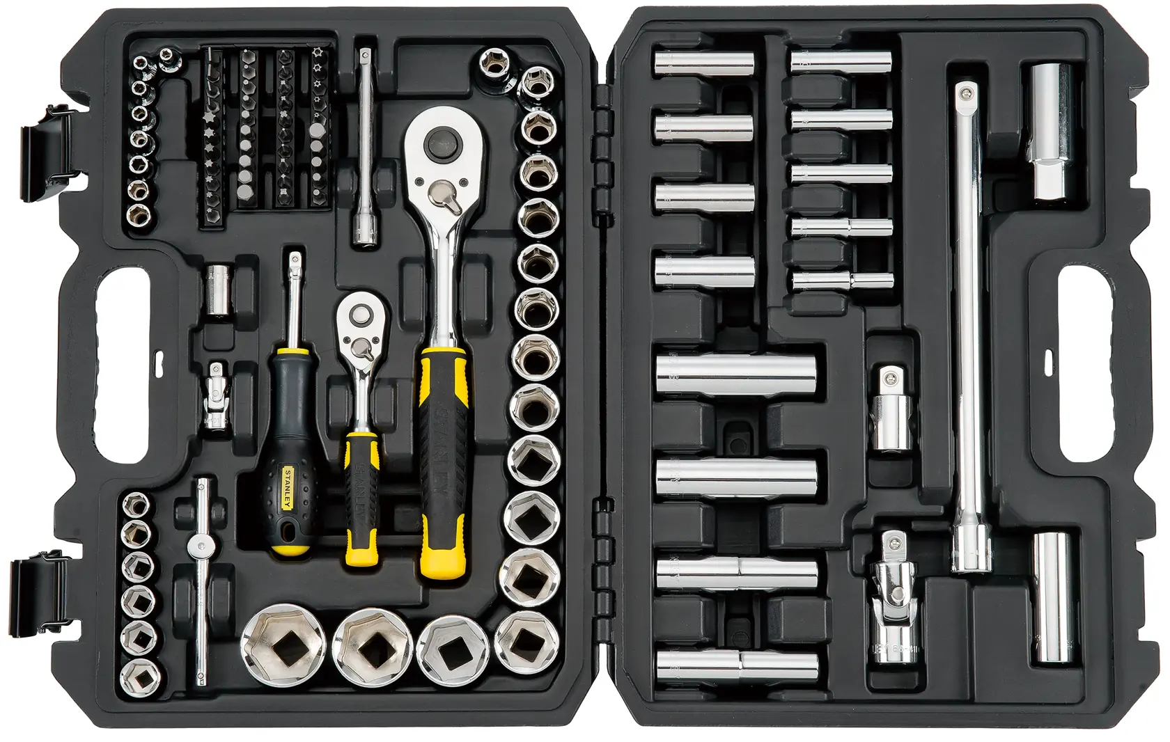 Stanley socket and ratchet tool set in black case, containing assorted bits, sockets, and extensions.