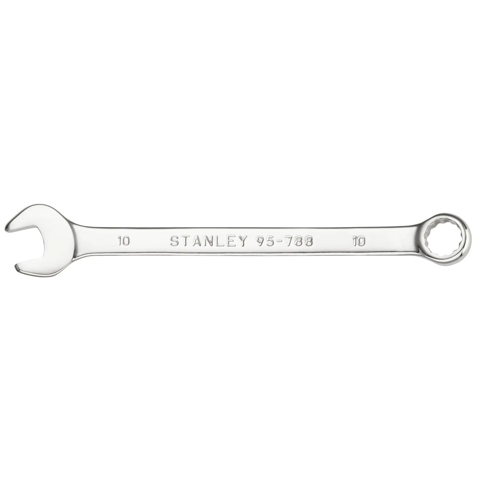 STANLEY STMT95788-0 Maul-Ring-Schlüssel, silberfarben, offene und ringförmige Seite, Draufsicht auf weißem Hintergrund.